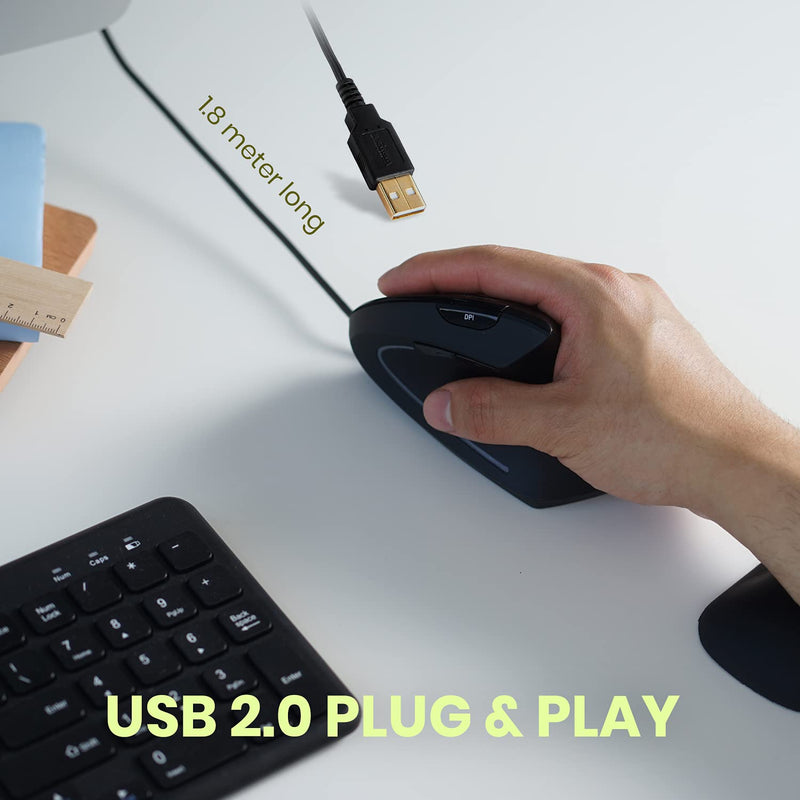 Perixx Perimice-513 Wired Vertical USB Mouse, 6 Buttons with 1000/1600 DPI, Right Handed Design, black (11168)