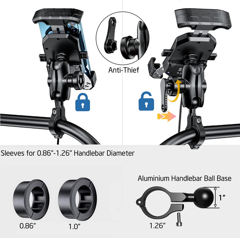 iMESTOU Anti-Theft Motorcycle Wireless Phone Mount Charger 15W & USB C 3A Handlebar 1" Ball Phone Holder Works with 12V/24V Vehicle/USB A Socket 720 Rotation Quick Charge for 4.0-7.0" Cellphones Double Socket Arm-Wireless & USB C Charge