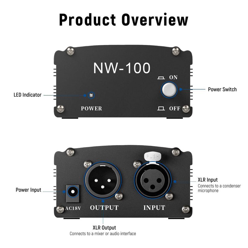 Neewer 1-Channel 48V Phantom Power Supply with Adapter, BONUS+XLR 3 Pin Microphone Cable for Any Condenser Microphone Music Recording Equipment (8 feet) NW-100