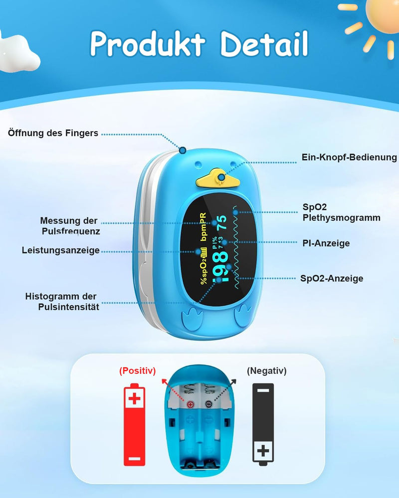 HealthTree Portable Fingertip Blood Oxygen Saturation Monitor, Pediatric Pulse Oximeter with OLED Screen, 2 AAA Batteries Included, Suitable for Baby and Kids Blue