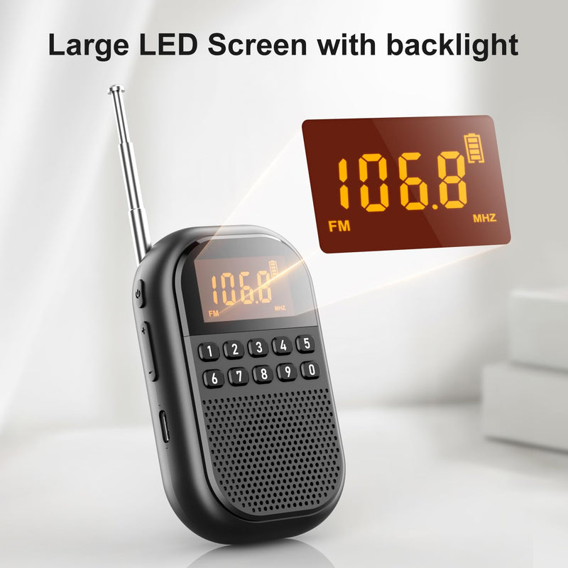 [AUSTRALIA] - Pocket AM FM Radio:1100mAh Rechargeable Radio Supports Bluetooth, Mini FM AM Receiver with Large Speaker, Stereo Earphone, Sleep Timer, Easy to use for Jogging, Walking Black 