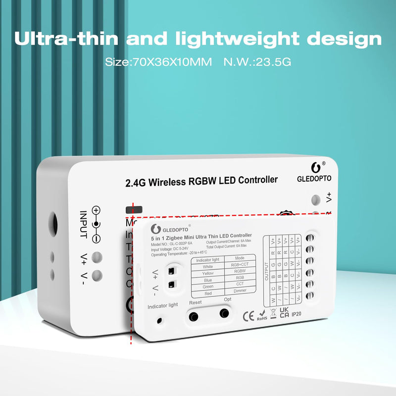 GLEDOPTO ZigBee 3.0 DC5-24V Mini 5 in 1 RGBCCT RGBW RGB CCT Dimmer LED Strip Light Control 6A Max for PWM Dimming LED Strip Compatible with Homey Conbee Tuya Smart Life App Control (Hub Required)