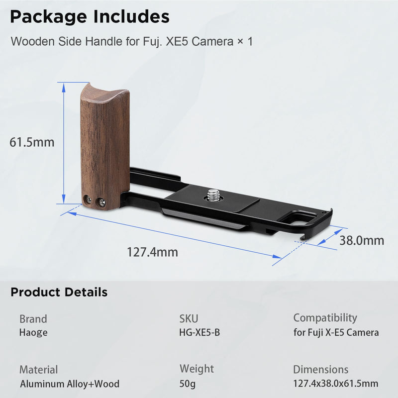 Haoge X-E5 Grip Wooden Side Handle for Fujifilm XE5 Camera - L-Shape Retro Premium Wood Grip with Quick Release Plate, Extra Tripod 1/4 Hole & Hot Shoe Hole Black HG-XE5-B