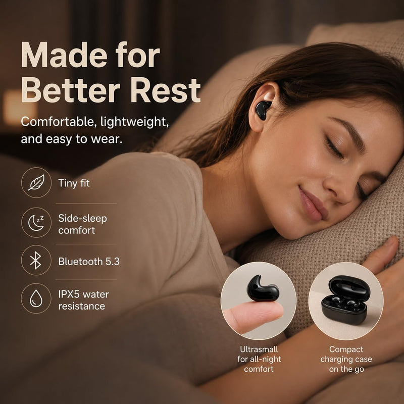 Invisible Sleep Wireless Earphone,Lightweight,Long Battery Life (black) | Ipx5 Waterproof Earbuds, Bluetooth 5.3, Painless Sleeping Earphones for Sensitive Sleeper Black