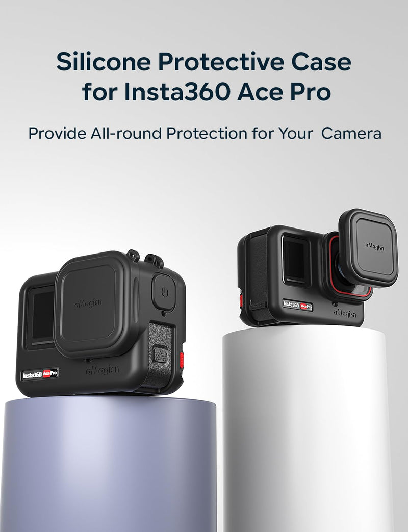 Silicone Protective Case for Insta360 Ace Pro, 360 Ace Pro Silicone Case with Silicone Lens Cap, 360 Ace Pro Accessories Including Silicone Case+Silicone Lens Cover + Anti-lost Lanyard(Black) Black