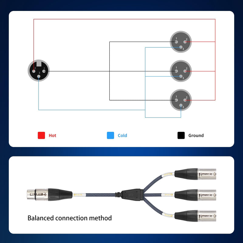 XLR 3 Way Splitter Cable, Devianl 1 Female to 3 Male XLR Split, Balanced Microphone 1 to 3 Cord Adapter Combiner, 2 FT 2FT/ 1 Pack (1 to 3)