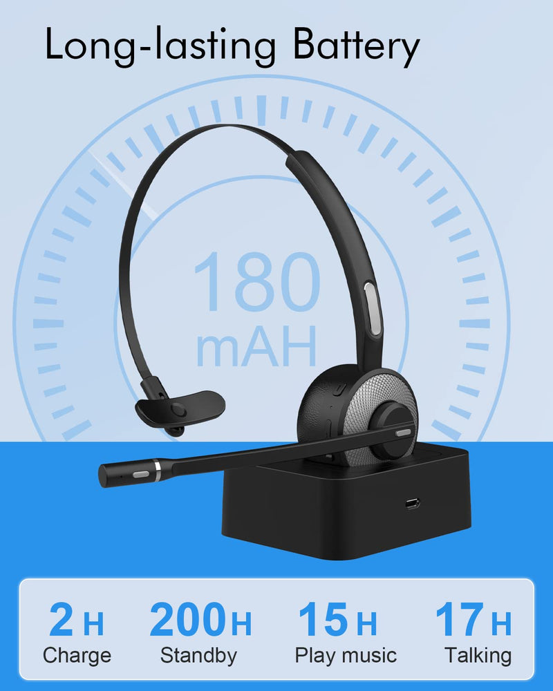 HUAKUA Bluetooth Headset with Microphone, Single Ear Trucker Headset Noise Cancelling Wireless Headset with Mute Function Clear Sound for Cell Phones PC Laptop Home Office (Headset)