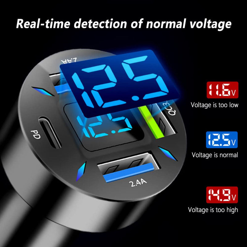 Car Charger 66W Super Fast Charging with USB PD&QC 3.0(Voltmeter&LED Lights) Universal Quick Charge for 12-24V Car Cigarette Lighter Plug,Compatible with iPhone 14 13 12,S22 S21 S20,iPad (BK351) BK351