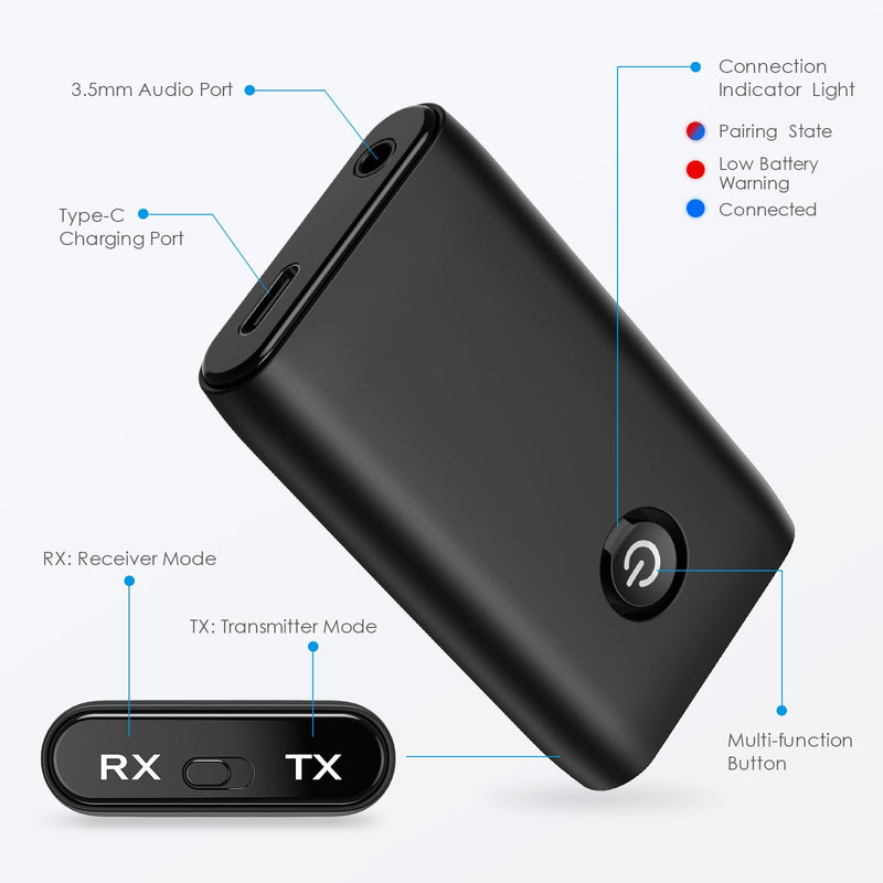[AUSTRALIA] - Aux Bluetooth Adapter for Car, Bluetooth 5.0 Transmitter Receiver, Portable Wireless Bluetooth Adapter, 2-in-1 Bluetooth Aux Adapter, Audio Receiver for Laptop, Radio, Headphones, Speakers, TV Black 