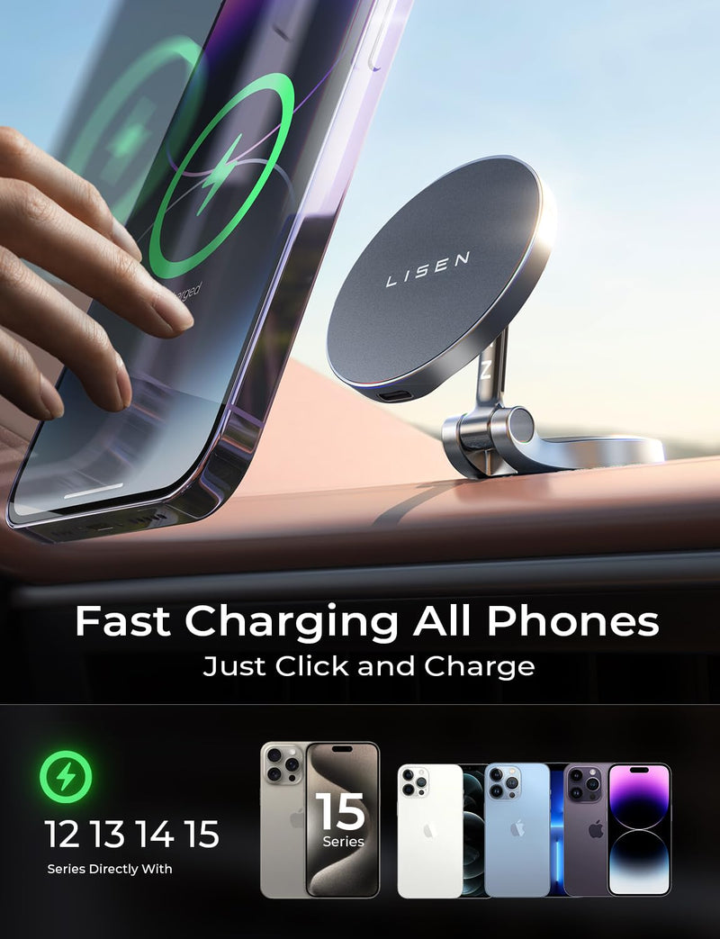 LISEN for Magsafe Car Mount Charger [Fastest Charging Speed] 15W Fast Charging Wireless Car Charger iPhone Car Mount, Phone Holder Mount for Car Dashboard for iPhone 15 Pro Max Plus 14 13 12 Mini Black
