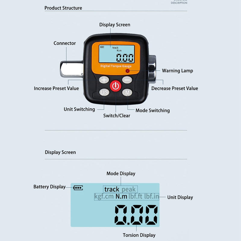 1/4" Drive Digital Torsion Meter 0.9-30Nm Torsion Meter Electronic Torsion Adapter Meter for Car Repair