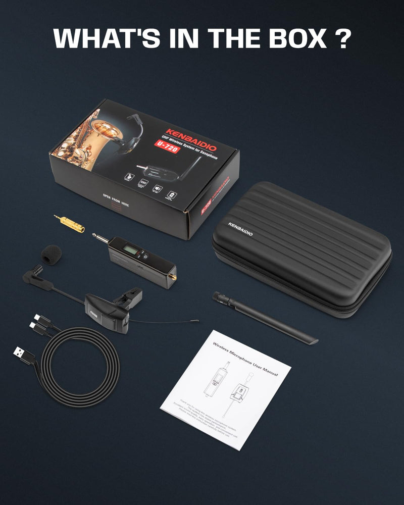 [AUSTRALIA] - Saxophone Microphone, UHF Rechargeable Wireless Instruments Microphone System with Transmitter and Receiver 196ft Range, Clip on Condenser Mic for Trumpet, Trombone, Saxofon, Most Brass Instruments U-720 Saxophone Microphone 