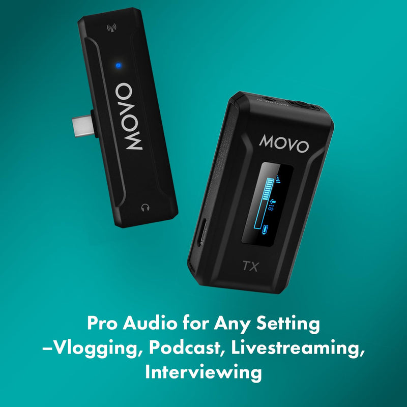 [AUSTRALIA] - Movo WMX-2-C Wireless Microphone for USB-C Devices – Wireless Lavalier Mic System with Charging Case – Clip-On Lapel Mic for iPhone 15 and Up, Android, iPad Pro, MacBook – 7HR Battery, 328ft Range 1 Transmitter 