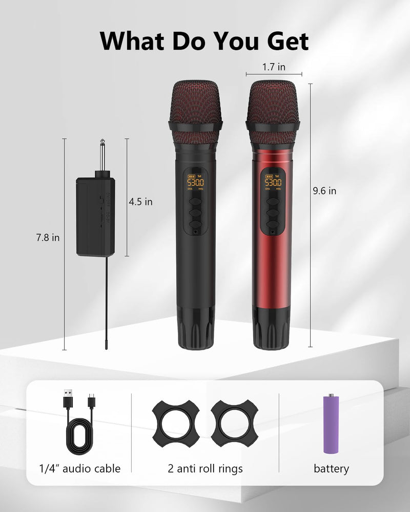 Wireless Microphones, UHF Metal Dual Handheld Cordless Dynamic Karaoke Microphone Wireless, 1/4 "Output for Rechargeable Wireless Microphone, Wedding, Party,DJ, Church, Speech,Class Use, 240ft