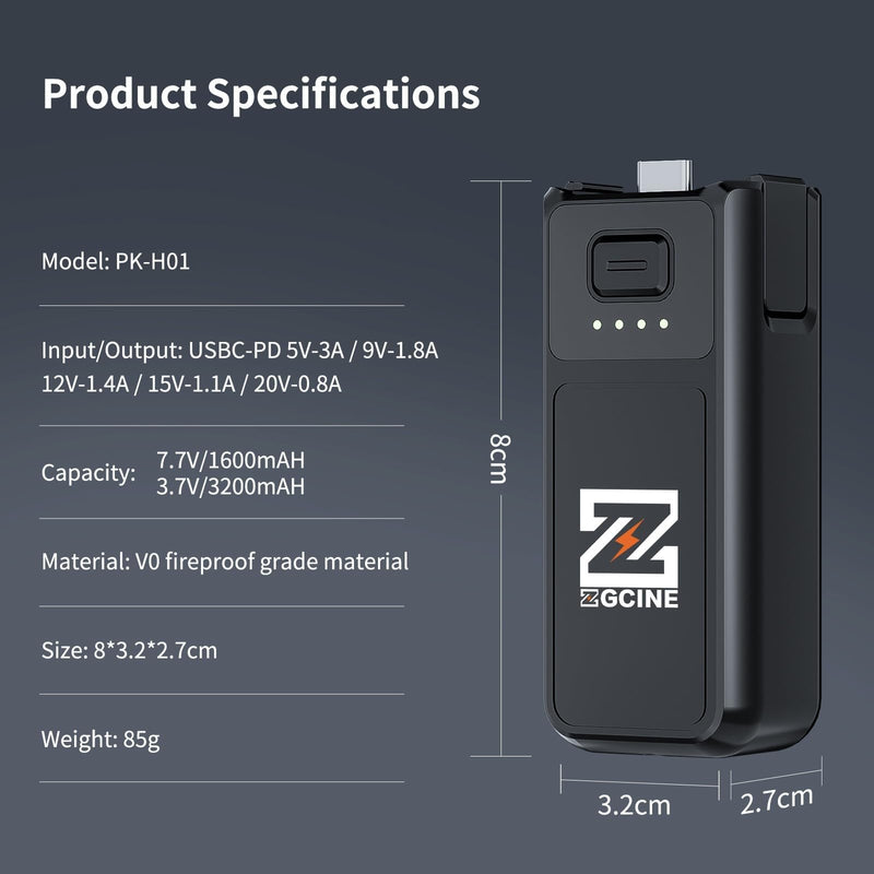 ZGCINE PK-H01 Battery Handle for DJI OSMO Pocket 3, 7.7V/1600mAh (1.0X Charge), 17W PD Fast Charging, Battery Grip with 1/4" Thread + Arri Hole