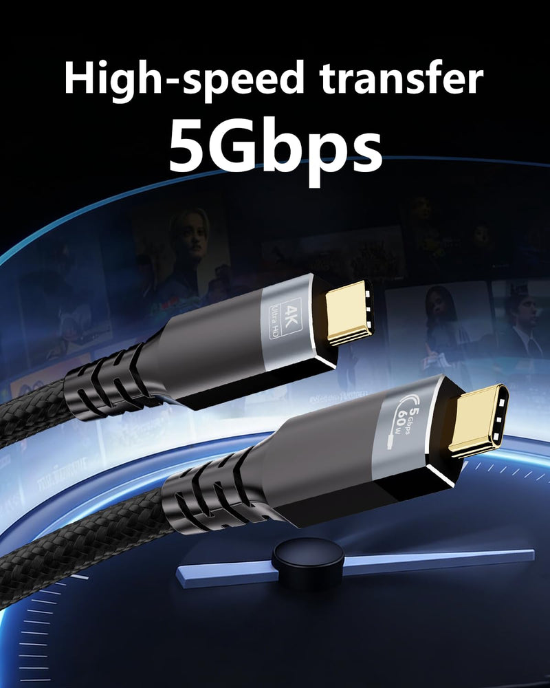 33ft Long USBC Cable,5Gbps Data Transfer,60W Fast Charging,4K@60Hz Video Output,Black Nylon Braided USB C Cable with Gold-Plated Connectors,Compatible with Laptop,Monitor, Docking Station, 10