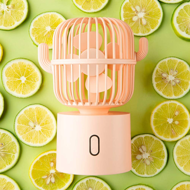 Small Desktop USB Table Desk Fan Personal Fan, Cactus Mini Handheld Rechargeable 80 Degree Auto Rotation Portable Fans, 3 Speeds Strong Wind, Quiet Operation Fan for Girls Baby Room Home Office Pink