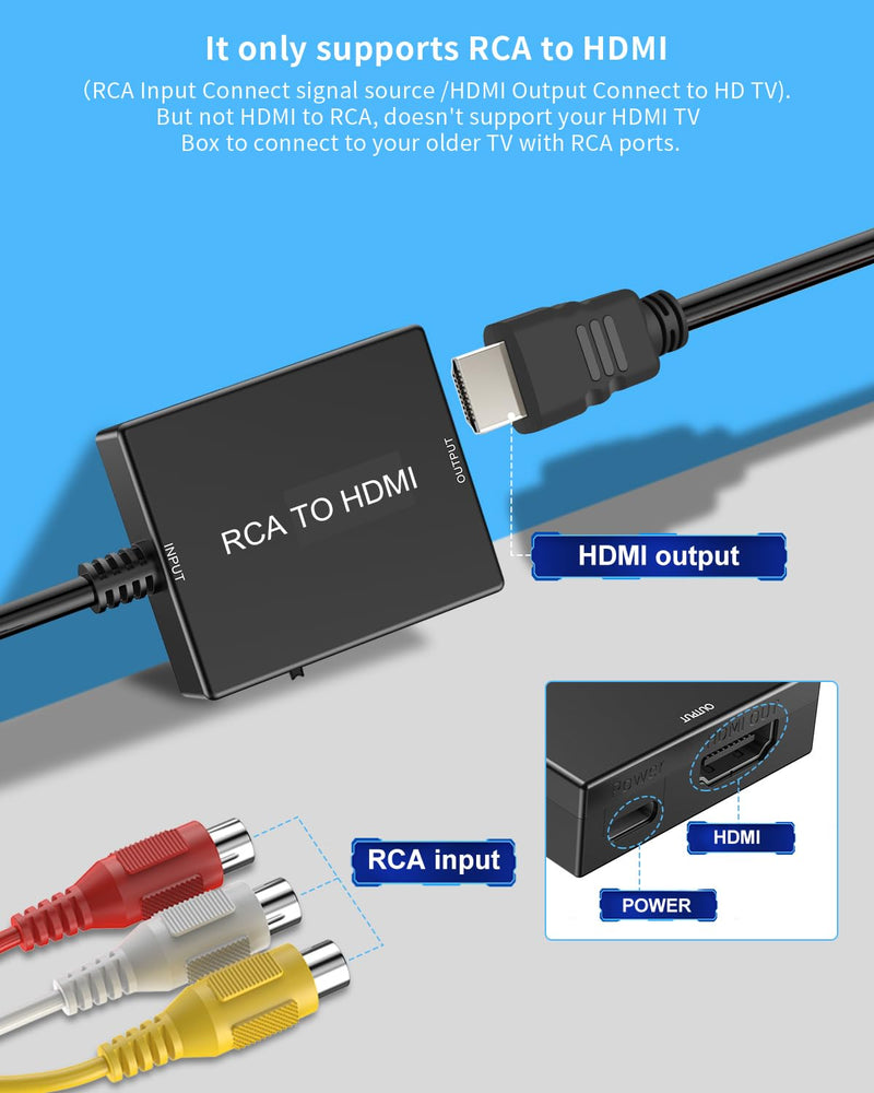 RCA to HDMI Adapter Converter, AV to HDMI Converter with HDMI Cable Supports PAL/NTSC for PS2/VHS/VCR/Blue-Ray DVD ect.