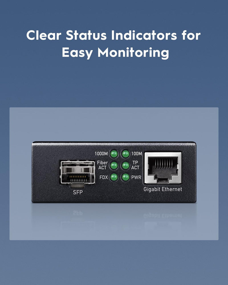 Cudy Gigabit SFP to RJ45 Media Converter Plug and Play Metal, MC220 | GbE fiber uplink to RJ45 format bridge, 1.25G fiber uplink Slot, DC Powered, Hot-Pluggable Module, Link-Loss-Forwarding