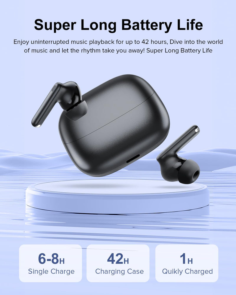 Wireless Earbuds, 42H Playtime Bluetooth 5.3 Headphones, HiFi Stereo Call Noise Cancelling Earbuds, IPX7 Waterproof Stereo in-Ear Earphones with LED Display for iOS Android Cell Phone (Black) Black