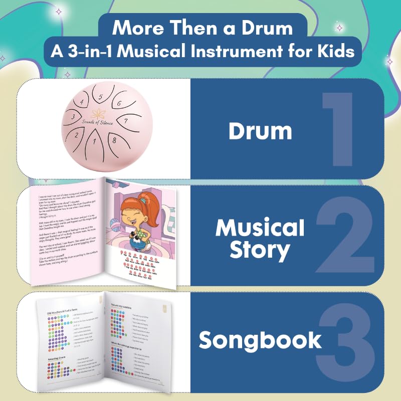 [AUSTRALIA] - Steel Drum | Handpan 6 Inch 8 Notes with Storybook and Songbook | Magic Calm Drum | Kids Musical Instruments for Ages 3–8 | Anger Management Toys | Music Gifts (Pink) Pink 