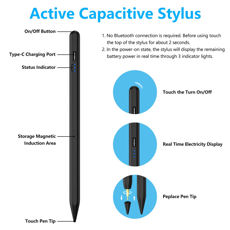 Stylus Pen for iPad, Stylus Pencil for (2018-2022) Apple iPad Pro 2021 11/12.9 Inch, iPad 6/7/8th Generation, iPad Air 4th/3rd, iPad Mini 5th Gen, for iPad Accessories Magnetic Stylus Pen, Black