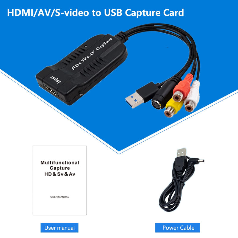 USB Video Capture Card HDMI/AV/RCA/S-Video to USB2.0 Audio Video Capture Device 1080P30fsp Hi8, VCR, VHS to Digital Converter for Camcorder DVD PS4 Live Streaming Compatible with Mac Windows