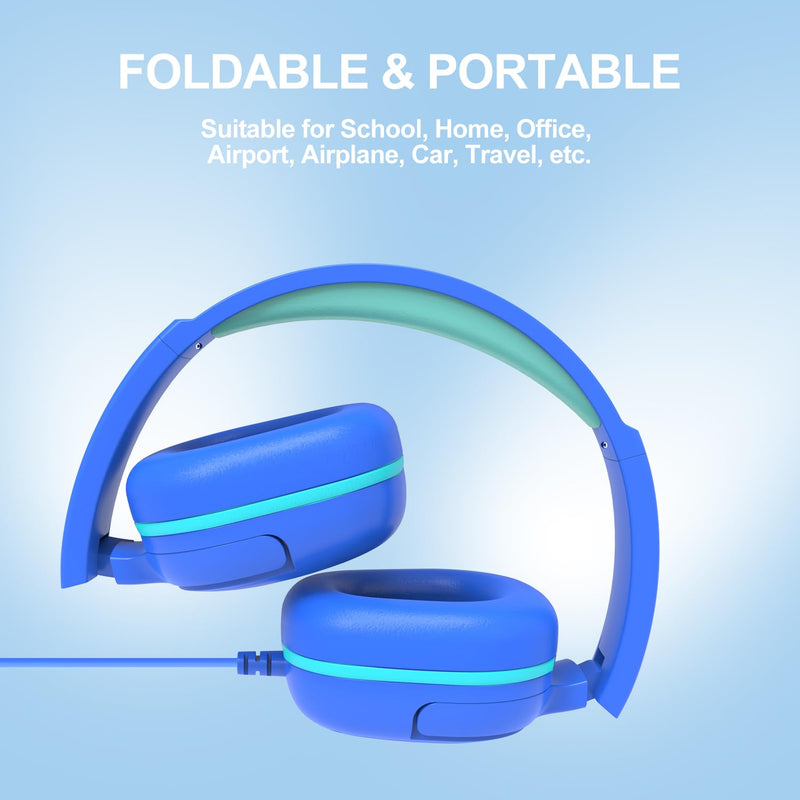 [AUSTRALIA] - Kids Headphones for School, 3.5mm Jack Wired Headphones for Kids with Safe Volume Limiter, HD Stereo Sound On-Ear Girls Boys Toddler Headphones for Tablet, iPad, Kindle(Blue) Blue 