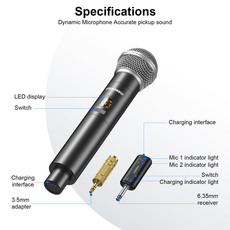 Aokeo Wireless Microphone Only for Mic Input, UHF Metal Dynamic Handheld Multipurpose Mic with Rechargeable Receiver (Work 4hs), 160ft Range, for Karaoke Machine, Amplifier Speaker, Mixer, Church PG58-2