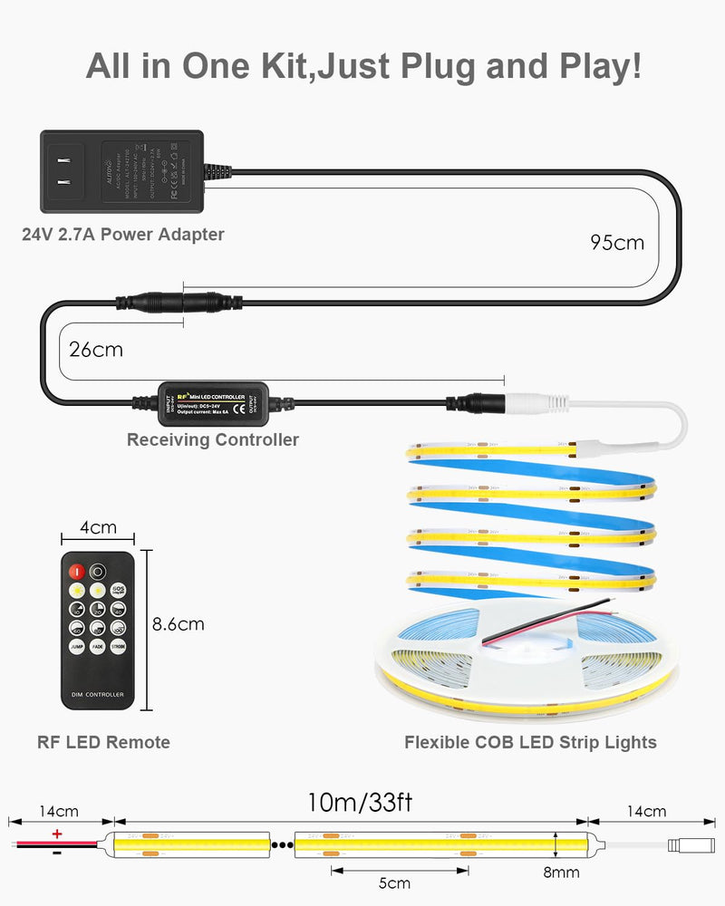 [AUSTRALIA] - ALITOVE 32.8ft COB Led Strip Light White 6500K Super Bright 24V LED Rope Lights with Remote Dimmable 3200LEDs CRI90+ Uniform Glow LED Tape Light for Mirror Under Cabinet Living Room Study Wardrobe 32.8FT 24V Daylight White(With Power) 