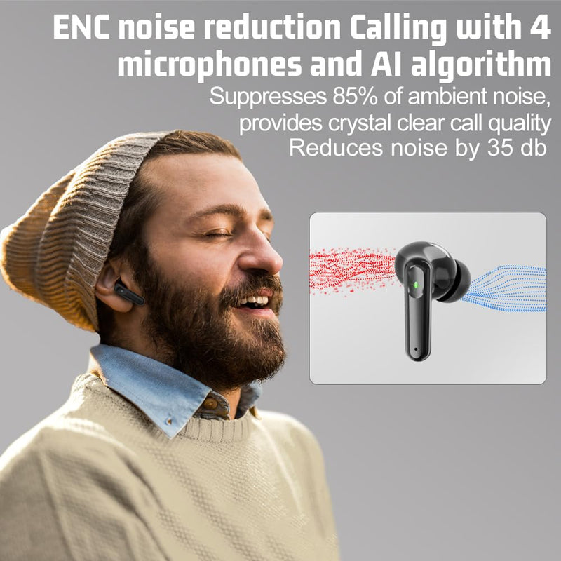 Bluetooth Earbuds Wireless Headphones, 50H Deep Bass Ear Buds with 4 Noise Cancelling Microphone, IPX5 Waterproof Earphones for iPhone Android audifonos inalambricos (Deep Black) Deep black