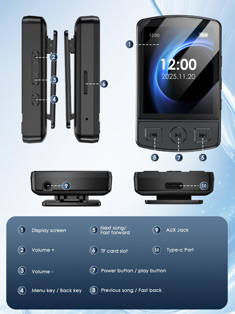 [AUSTRALIA] - MP3 Player with Clip 64GB Mini MP3 Player with Bluetooth 5.2,Portable MP3 Music Player with Earphones,HiFi-Speaker,FM Radio,Voice Recorder,E-Book for Outdoor,Home,Sporting(Black) Black 