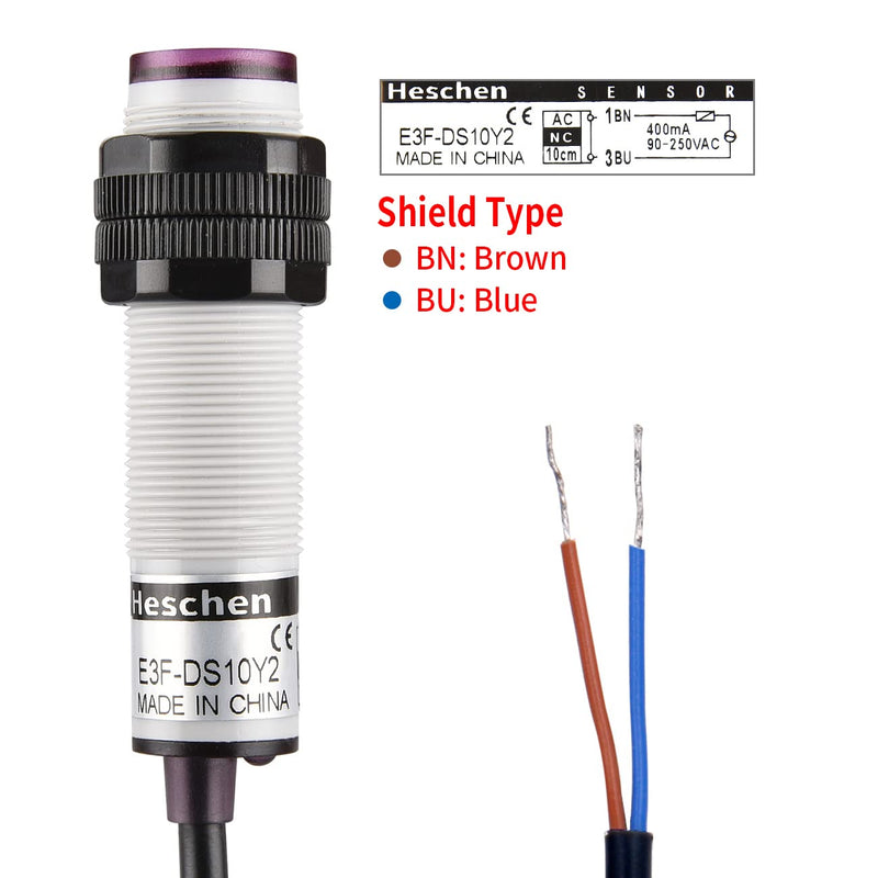 Heschen M18 Column Infrared Photoelectric Proximity Switch, Diffuse Reflection Type, E3F-DS10Y2, Detection Distance 10 cm, 90-250VAC 400mA, Normally Closed (NC), 2 Wires