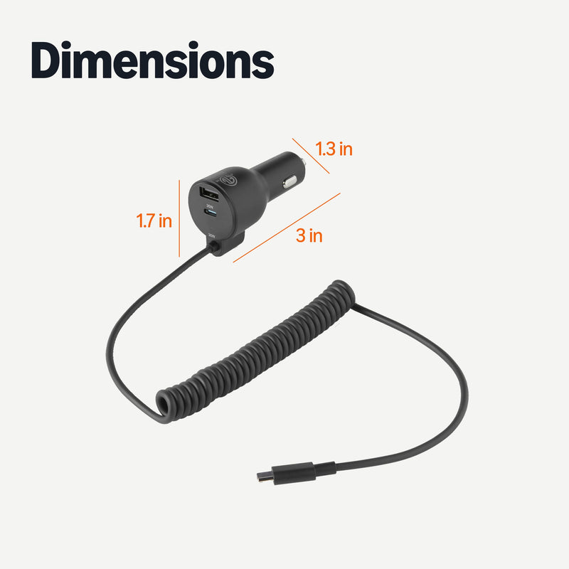 Amazon Basics Fast-Charging Car Charger, 60W, 1 USB-C Port (30W), 1 USB-A Port, 1 Built-in Coiled USB-C Cable (30W), Black USB A+USB C (with built-in coiled cable)