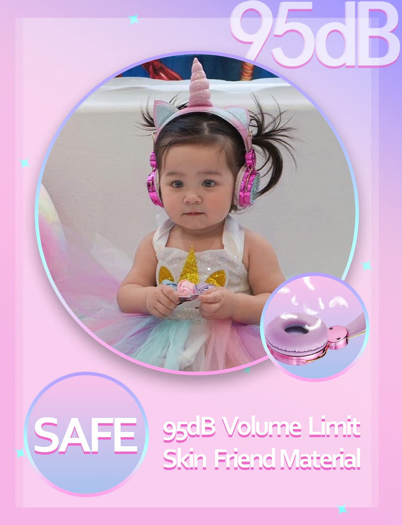 [AUSTRALIA] - Kids Unicorns Headphones with Mic for School/Travel,95dB Volume Limited,Shareport,On/Over Ear Wired Headsets with Nylon Cable-Hot Pink Rose2 