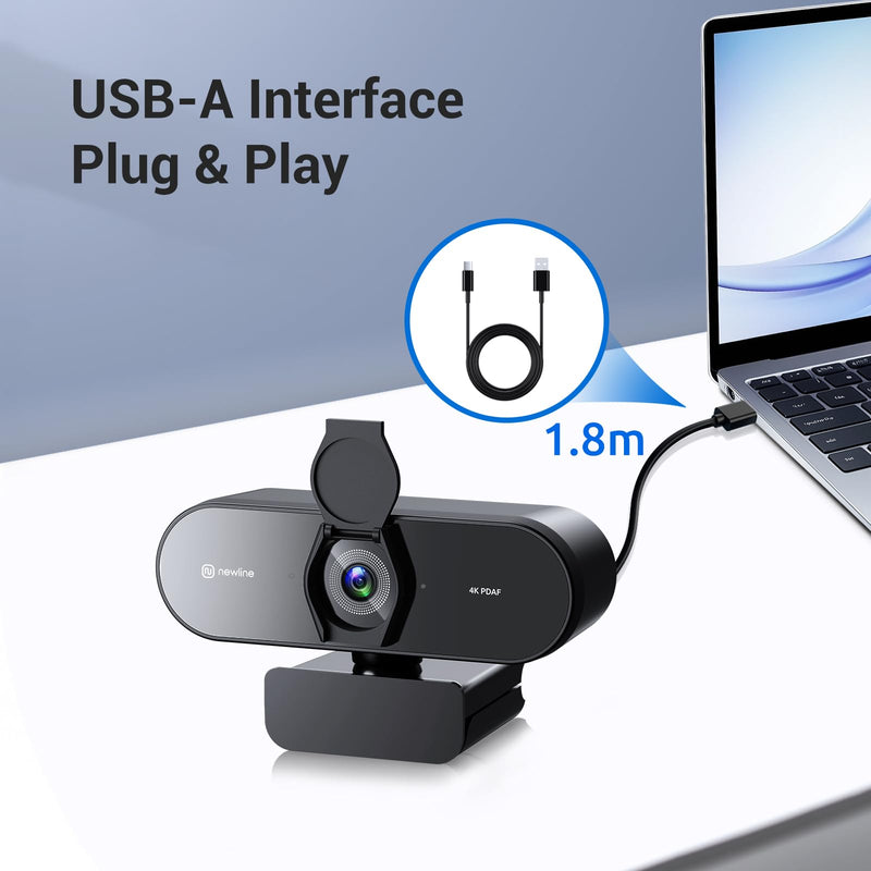 N newline 4K Webcam for PC with PDAF Autofocus, Privacy Cover, Dual Microphones, 4K@30FPS & 1080P@60FPS, Auto Light Correction, Plug & Play USB Camera for Laptop, Mac & Desktop, Streaming