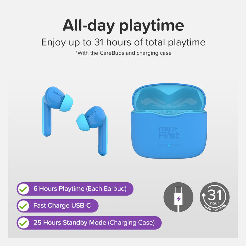 myFirst Carebuds Kids Earbuds 85dB Volume Limit for Small Ears | Anit-lost strap, 6 size ear tips, built-in mic, school travel airplane, for kids ages 3-12, boys and girls, birthday gift Blue