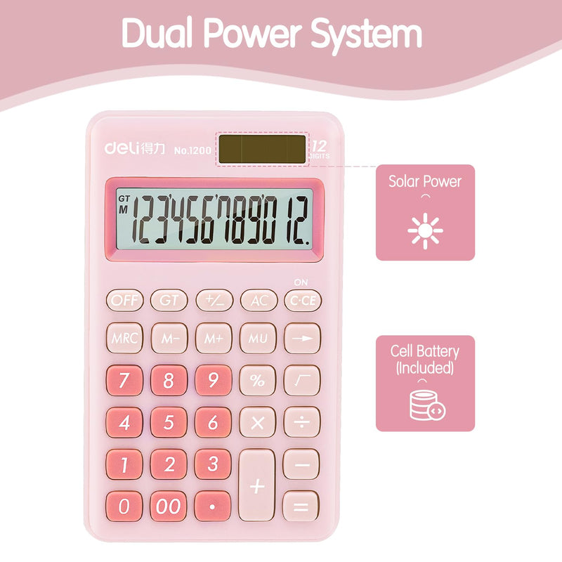 deli Standard Function Basic Calculator, 12 Digit Desktop Calculator with Large LCD Display, Solar Battery Dual Power Office Calculator, Pink Small Pink