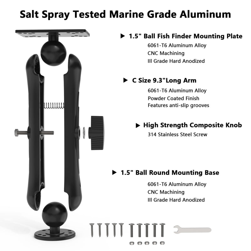 Aluminum Alloy Fish Finder Mount with 1.5"/ C Size Ball Compatible with Humminbird Helix 5/7 Series,9.3" Long Arm Marine Electronic Depth Mount for Boat/Kayak/Fishing Mounting Plate Accessories