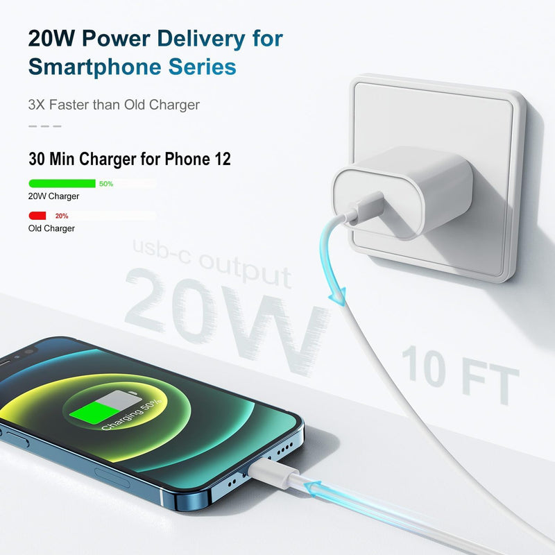 Phone Charger Fast Charging 10 FT, Long USB C to Lighting Cable 10 Foot with 20W USB C Rapid Phone Charger Block, Compatible with iPhone 14 Pro/13Pro Max/12/11Pro/Mini, 2 Pack White 2Pack 10FT
