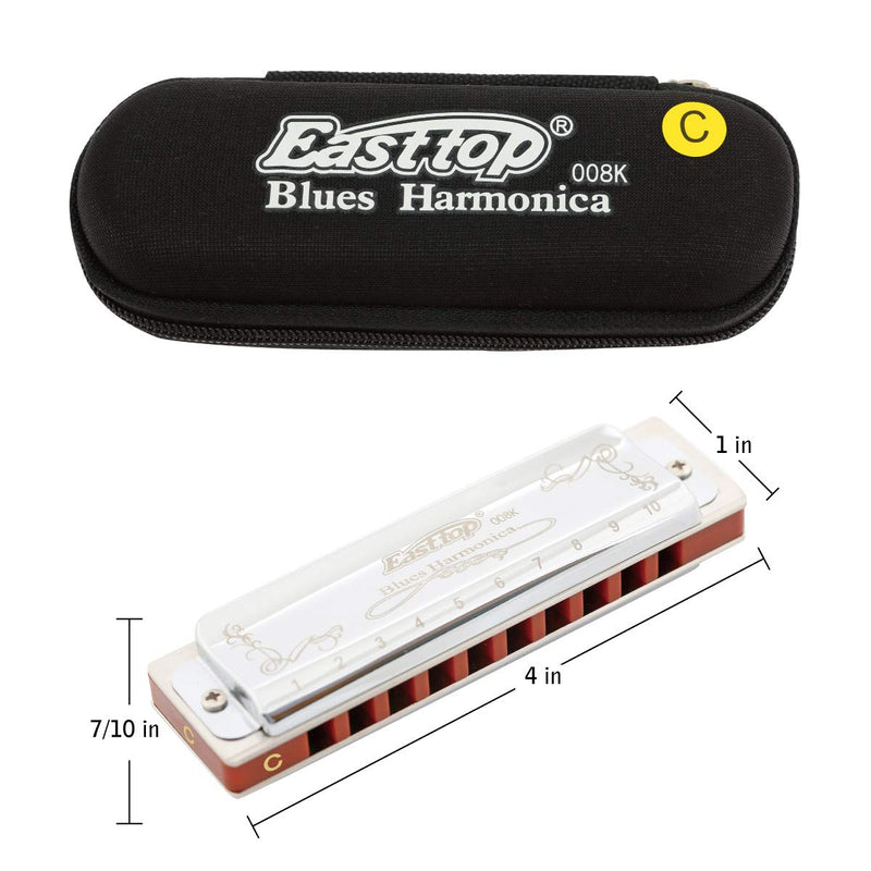 East top Harmonica Key of C 10 Holes 20 Tones 008K Blues Diatonic Mouth Organ with Silver Cover, Deluxe Harmonica C For Adults, Professionals and Students as gift silver-C