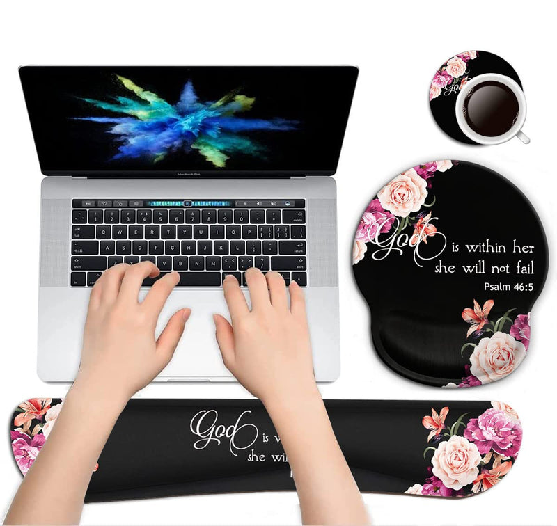 Keyboard Wrist Rest Pad and Ergonomic Mouse Pad Wrist Support Set for Computer, Gaming , Office, Pain Relief + Coasters，Peony Flower Psalm 46:5 God is Within Her, She Will Not Fall Fd-wristrest-3