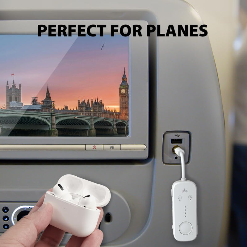 Avantree Relay - Premium Airplane Bluetooth 5.3 Adapter for All Headphones, aptX Low Latency, Supports 2 Headphones or AirPods, Wireless Audio Transmitter for in-Flight, TV, Gym, Tablets White
