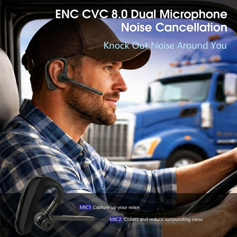 Bluetooth Single-Ear Headset w/Mic for Delivery Drivers,Truckers & PC Calls | Dual-Microphone Noise Cancellation, Ear Hook,aptX, 20H Talk Time,Wireless Hands-Free Earpiece for Cell Phone, Office &Driving