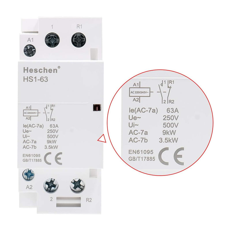 Household AC Contactor, HS1-63, 2 Pole 1NO 1NC, AC 220V/240V Coil Voltage, 35mm DIN Rail Mount