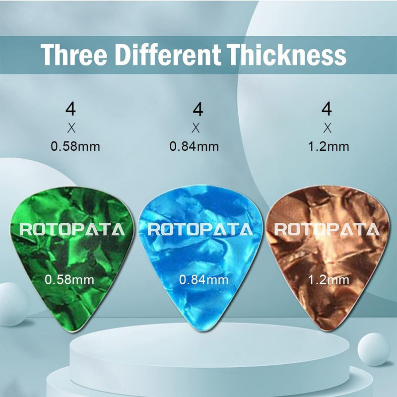 12 Pack Guitar Picks Plectrums with Organizer Storage Box, 0.58 0.84 1.2 mm Includes Thin Medium Heavy Thickness & Variety Colorful Celluloid Plectrums for Bass Electric Acoustic Guitars Ukulele