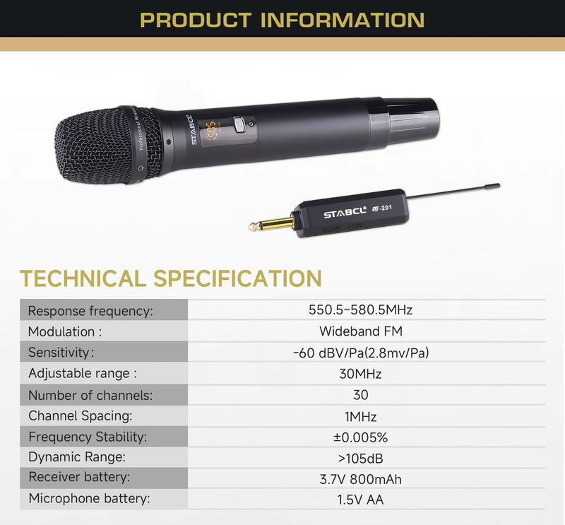 Portable Wireless Microphone for Karaoke Singing, UHF Metal Handheld Dynamic Mic with Rechargeable Receiver, Karaoke Microphone Wireless for Speaker, Singing, Dj, 200ft Range of Cordless Mic System channel 1
