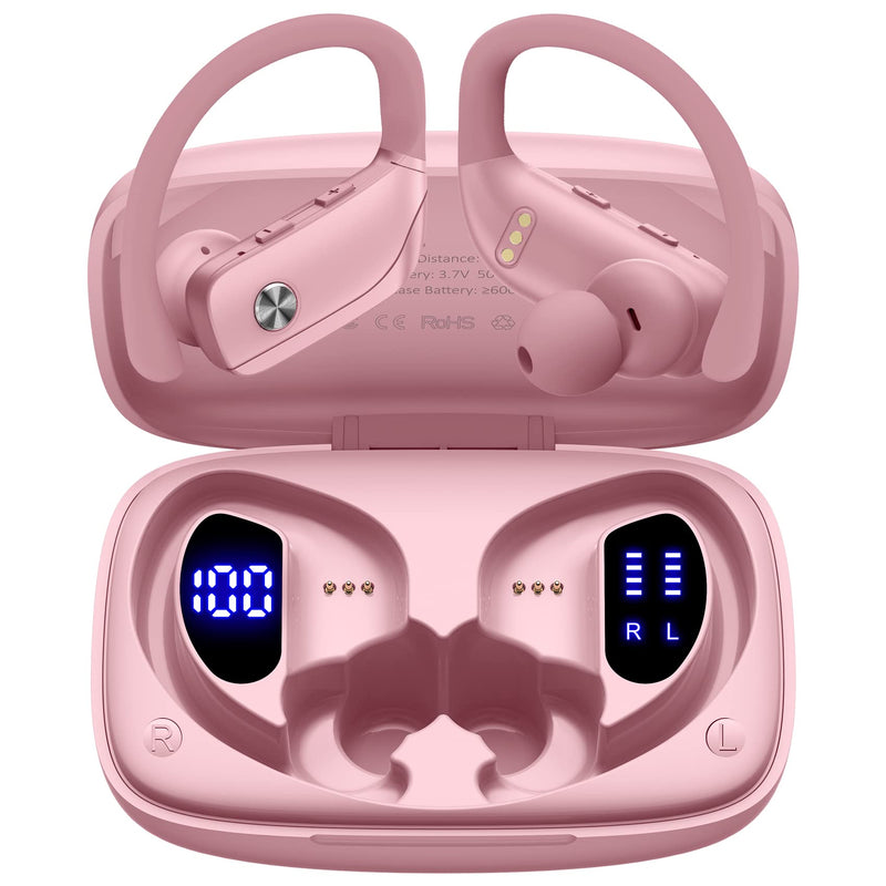 bmani 2 Sets Wireless Earbuds Bluetooth Headphones 48hrs Play Back Sport Earphones with LED Display Over-Ear Buds with Earhooks Built-in Mic Headset for Workout Black + Pink