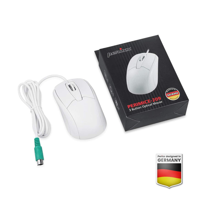 Perixx PERIMICE-209 P, Wired PS2 Optical Mouse with Scroll Wheel and 1000 DPI, White (11832) Ergo-White