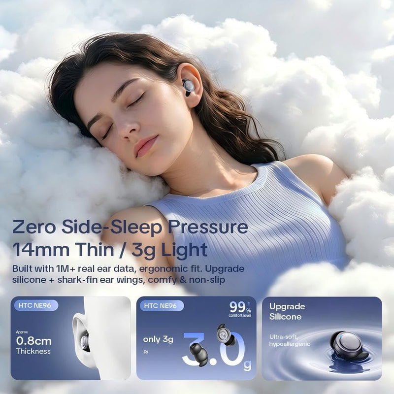 NE96 Sleep Earbuds Bluetooth 6.0 for Side Sleepers Mini Invisible Earbuds | Wireless Bluetooth Earbuds with Noise Blocking, Sleep Headphones, Comfortable Ear Plugs for Sleeping, 80H 3-size ear cap Deep Black